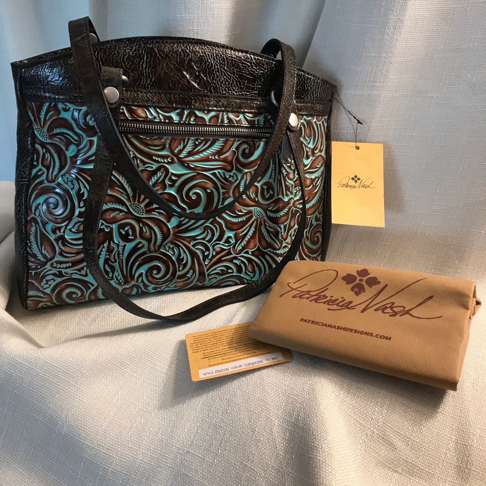 Patricia Nash Brown and Turquoise Tooled Leather Tote
